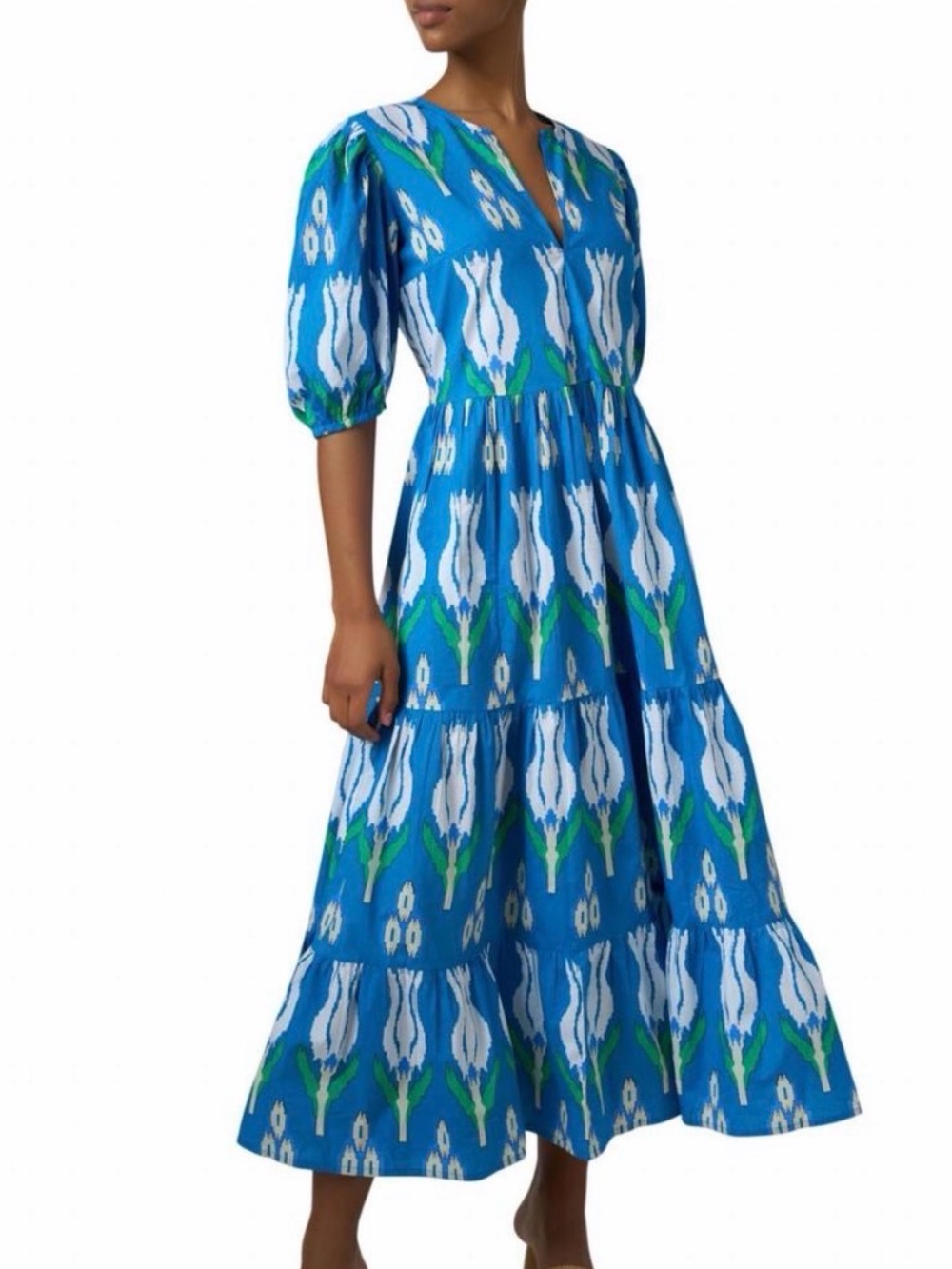 Oliphant Printed Tulip Puff Sleeve Maxi dress in Blue